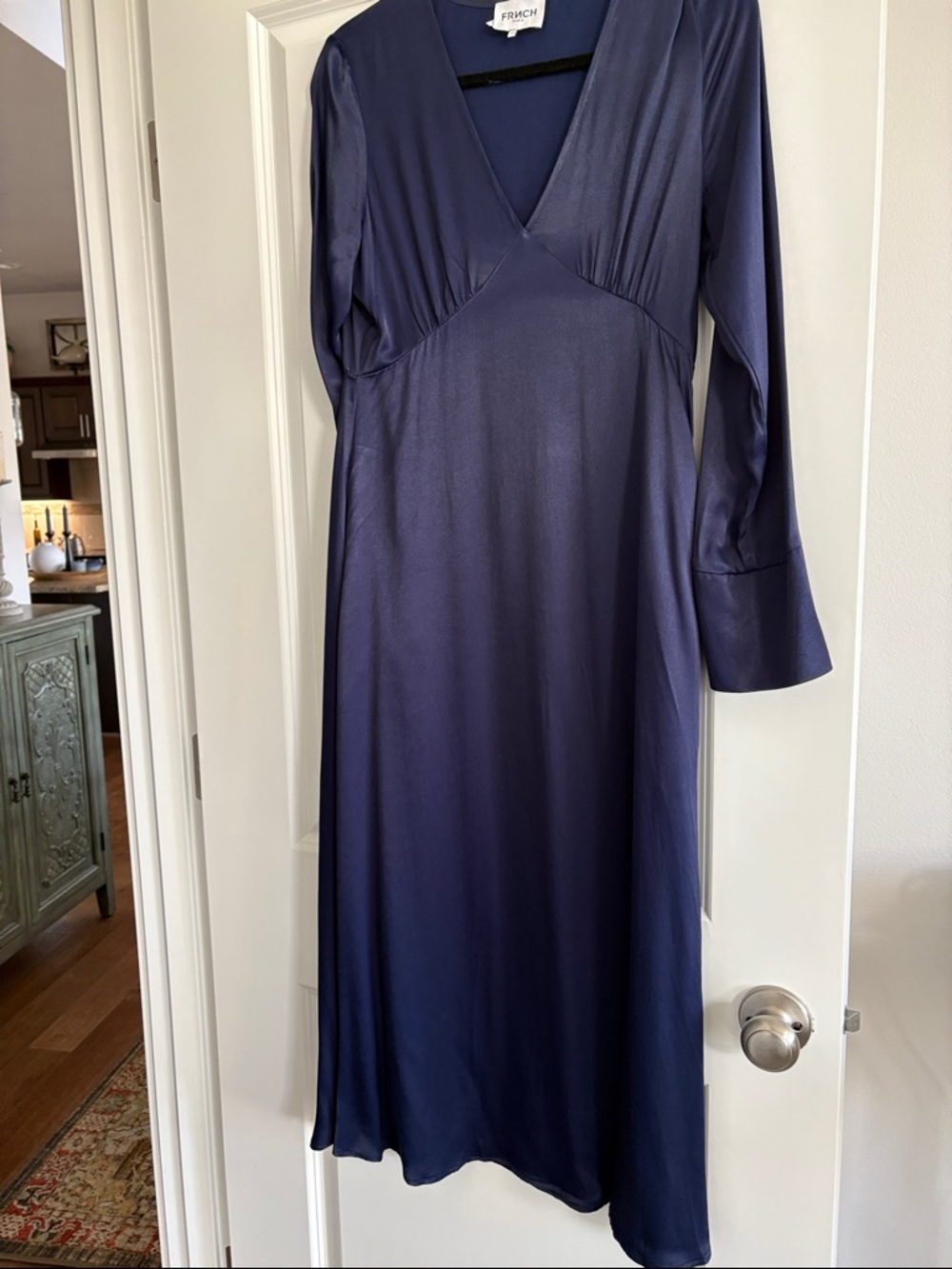 FRNCH Navy Satin V-Neck Long Sleeve Midi Dress